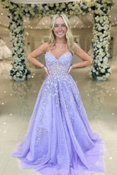 Lavender Tulle A-line Sweetheart Strapless Lace Appliques Prom Dresses